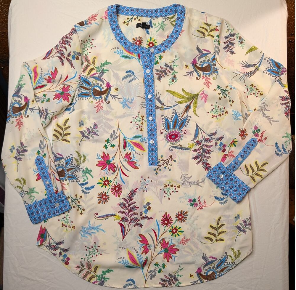 Talbots Band Collar Popover Blouse Dancing Floral Sz L Cream Multi Cottage Twee